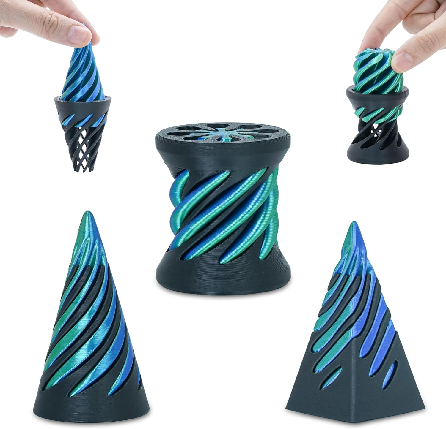 3 Packs Impossible Spiral Cone Fidget Toys,3D Printed Pyramid Passthrough Sculpture,Mini Sensory Toy for Stress Relief Anxiety Relaxation,Desktop Decor Gifts for Adults & Kids (Blue Black)