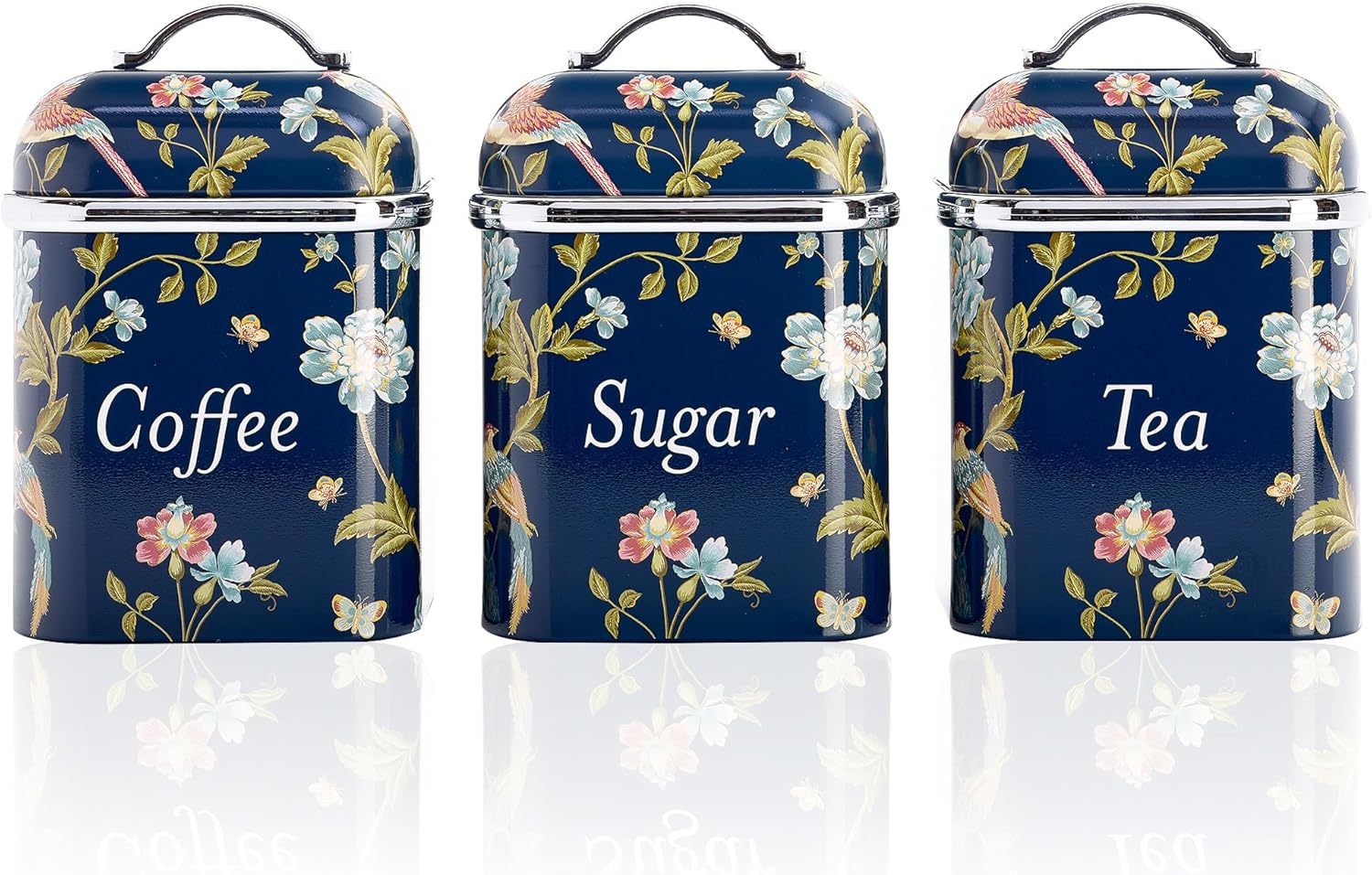Laura Ashley Tea Coffee Sugar Canisters Set of 3 by VQ - Easy to Clean Stainless Steel Containers with Lid - Stylish Printed Kitchen Storage & Organisation Containers - Elveden Navy