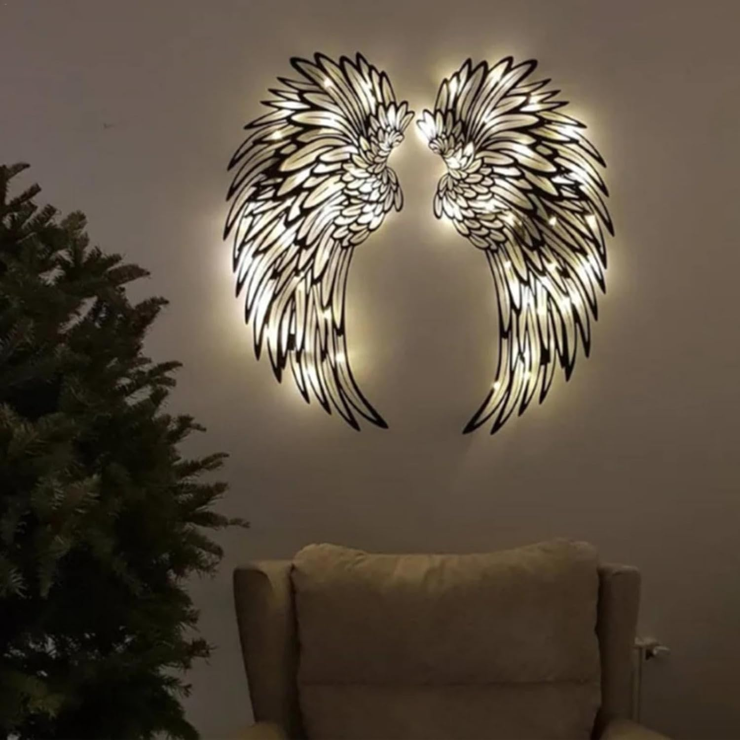 Angel Wings Wall Art, Metal Angel Wings Wall Decoration, Large Angel Wings Wall Art Decor with Led Lights, Angel Wings Present to Her Wall Sculpture Art Indoor Outdoor Wall Hanging Decorations image number 2