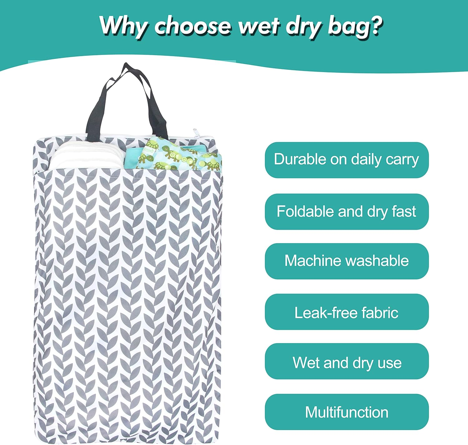 Wegreeco Reusable Hanging Wet Dry Cloth Diaper Bag(2 Pack, Grey Leaf, Grey) image number 1