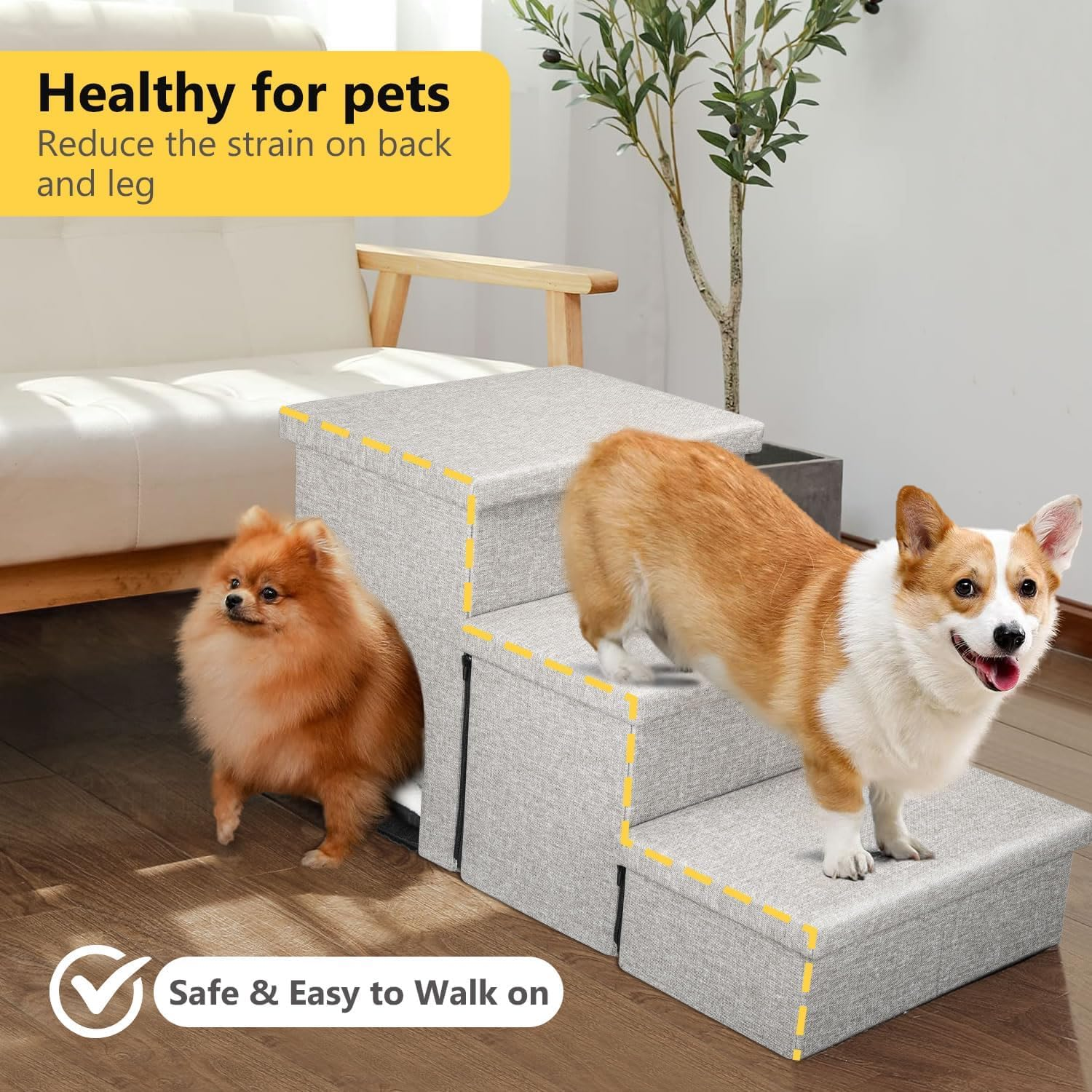 Truepal 3 Step Portable Pet Soft Plush Ladder, Foldable Dog and Cat Stair Ramp, Sofa High Bed with Storage Box, Suitable for Pets with Joint Pain, Removable Cleaning Cover, Dog Bed Stairway Perch image number 6