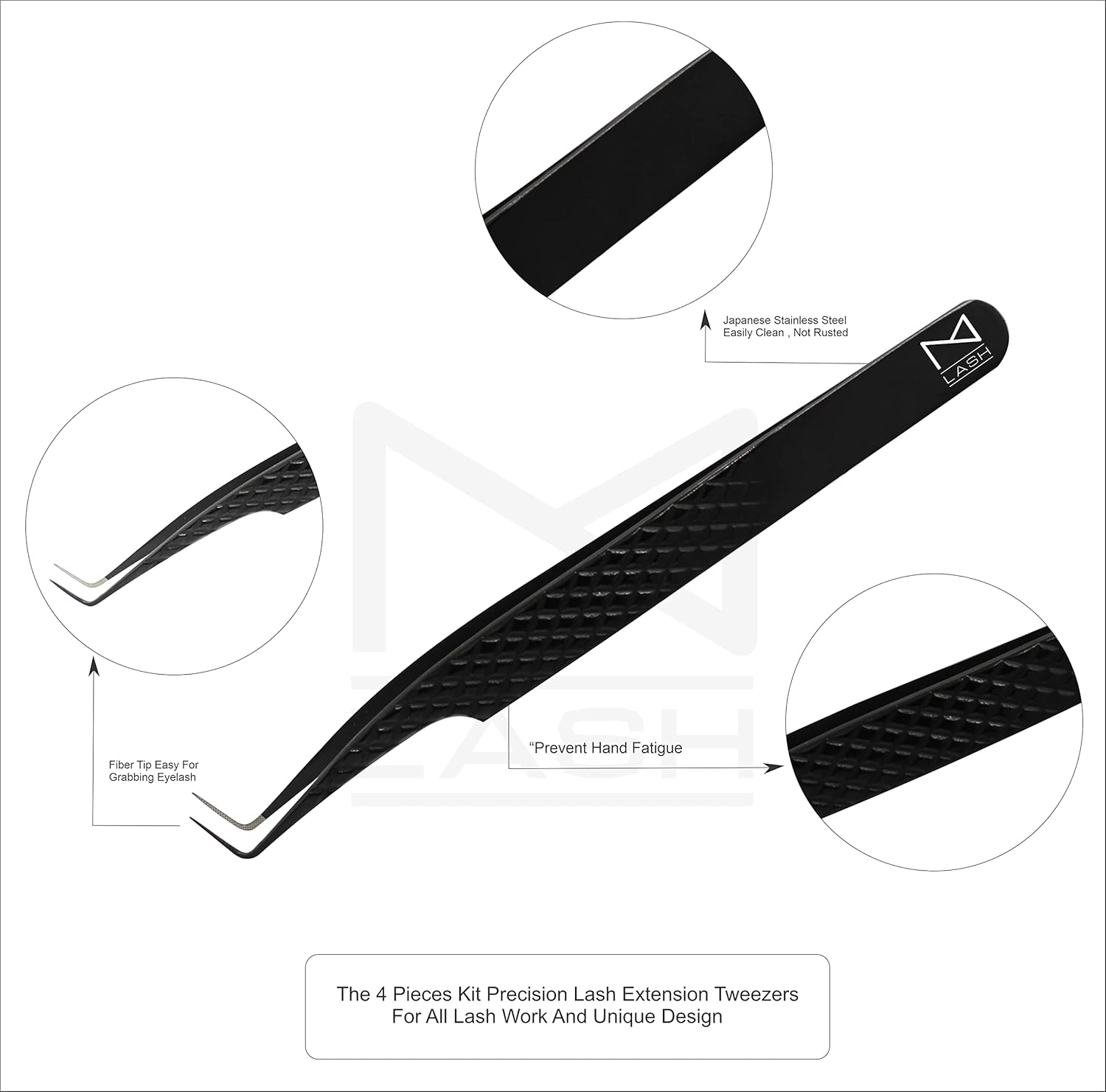M LASH Eyelash Extension Tweezers (Set of 4) - Professional & Precision Lash Tweezers for Eyelash Extensions - Japanese Steel, Diamond Grip, Fiber Tip V3 (Black) - Pink image number 2