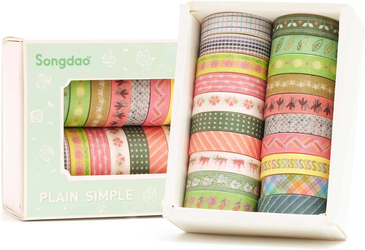 Songdao 20 Rolls Basic Washi Tape Set Japanese Arts Adhesive Tapes Simple Patterns Decorative Masking Tape Sets for Craft, Kids, Scrapbook, DIY, Gift Wrapping (Style One)
