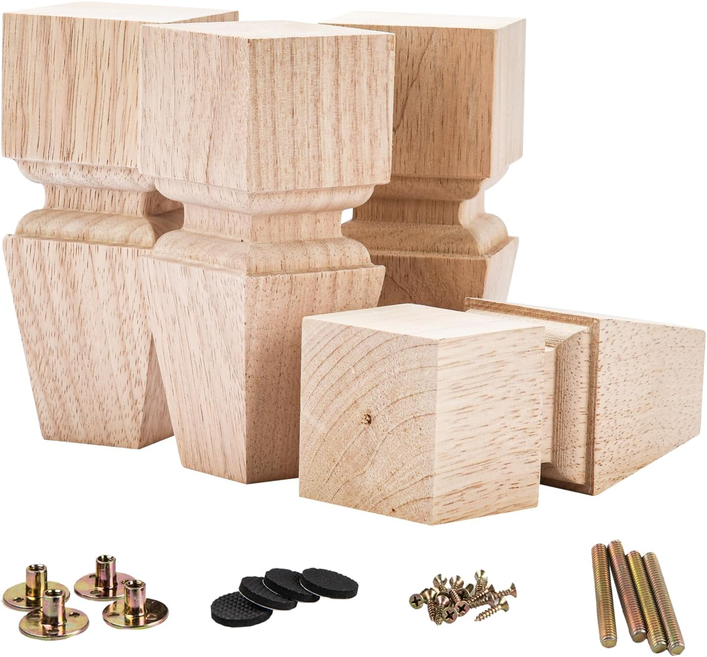 6 Inch / 15Cm Wooden Furniture Legs, La Vane Set of 4 Solid Wood Carved Geometry Unfinished Replacement Bun Feet with Mounting Plate & Screws for Sofa Cabinet Couch Table TV Stand