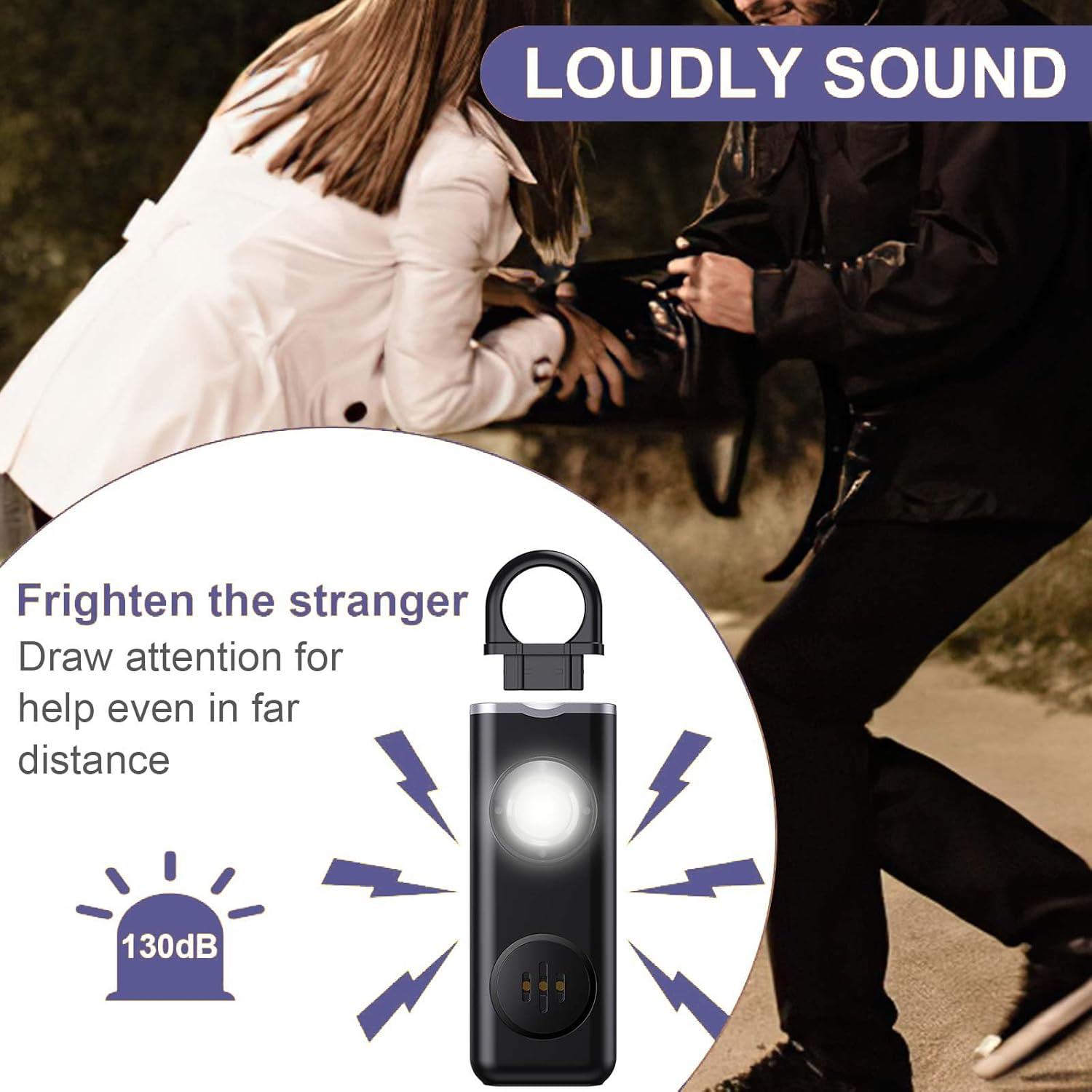 OQIMAX Upgrade Personal Alarm for Women, 130Db Loud Rechargeable Personal Safety Alarm Keychain with Strobe LED Light, Emergency SOS Pocket Alarm for Students, Kids, Walker, Elderly,(Black) - Blackwhite image number 7