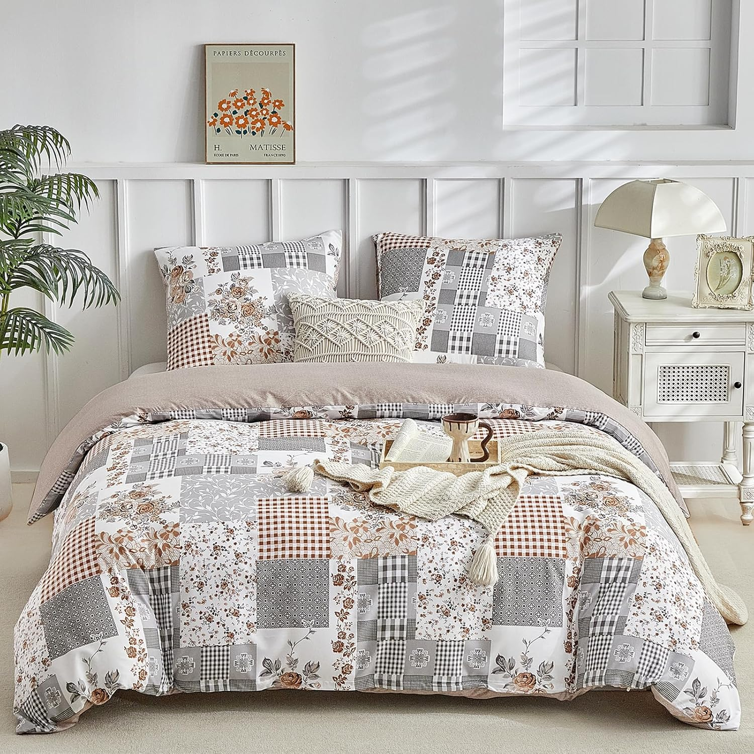 Tokokimo Duvet Cover 220 X 240 Cm with 2 Pillowcases 65 X 65 Cm - Bohemian Patchwork Floral Pattern - 100% Microfibre Bedding Set 220 X 240 Cm for Adults with Zips, Khaki image number 2