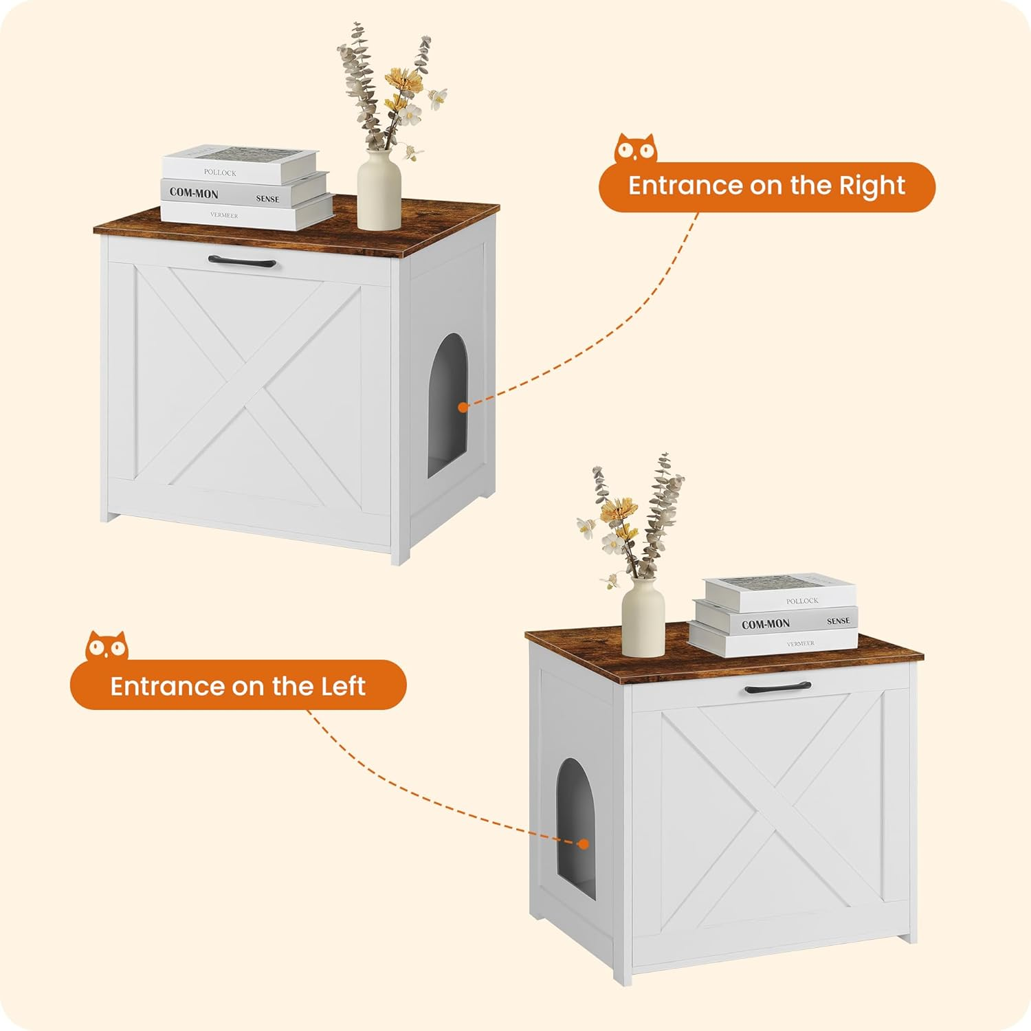 Dwanton Cat Litter Box Furniture Hidden, Cat Litter Box Enclosure, Reversible Entrance Can Be on Left or Right Side, Indoor Cabinet, Wooden Washroom, End Table, White and Rustic Brown, 23.6" L