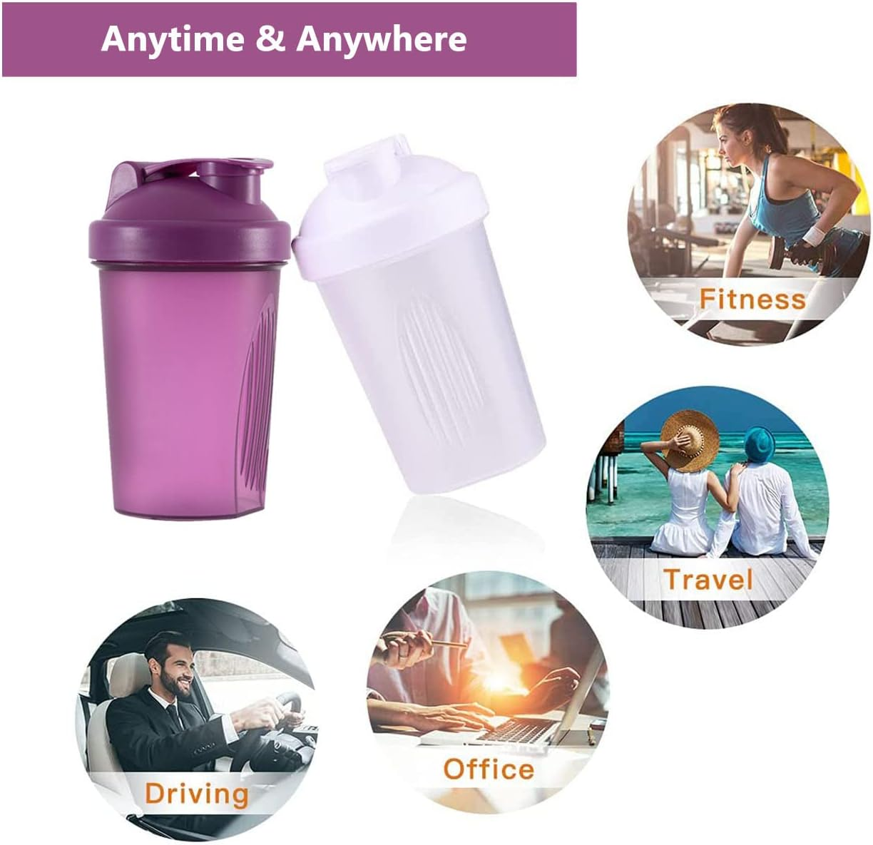 Shaker Bottle Protein Shakes and 16-Ounce/400Ml Shakers Bottles with Whisk Balls,Non-Bpa Plastic(Purple+White(2Pcs)) image number 1