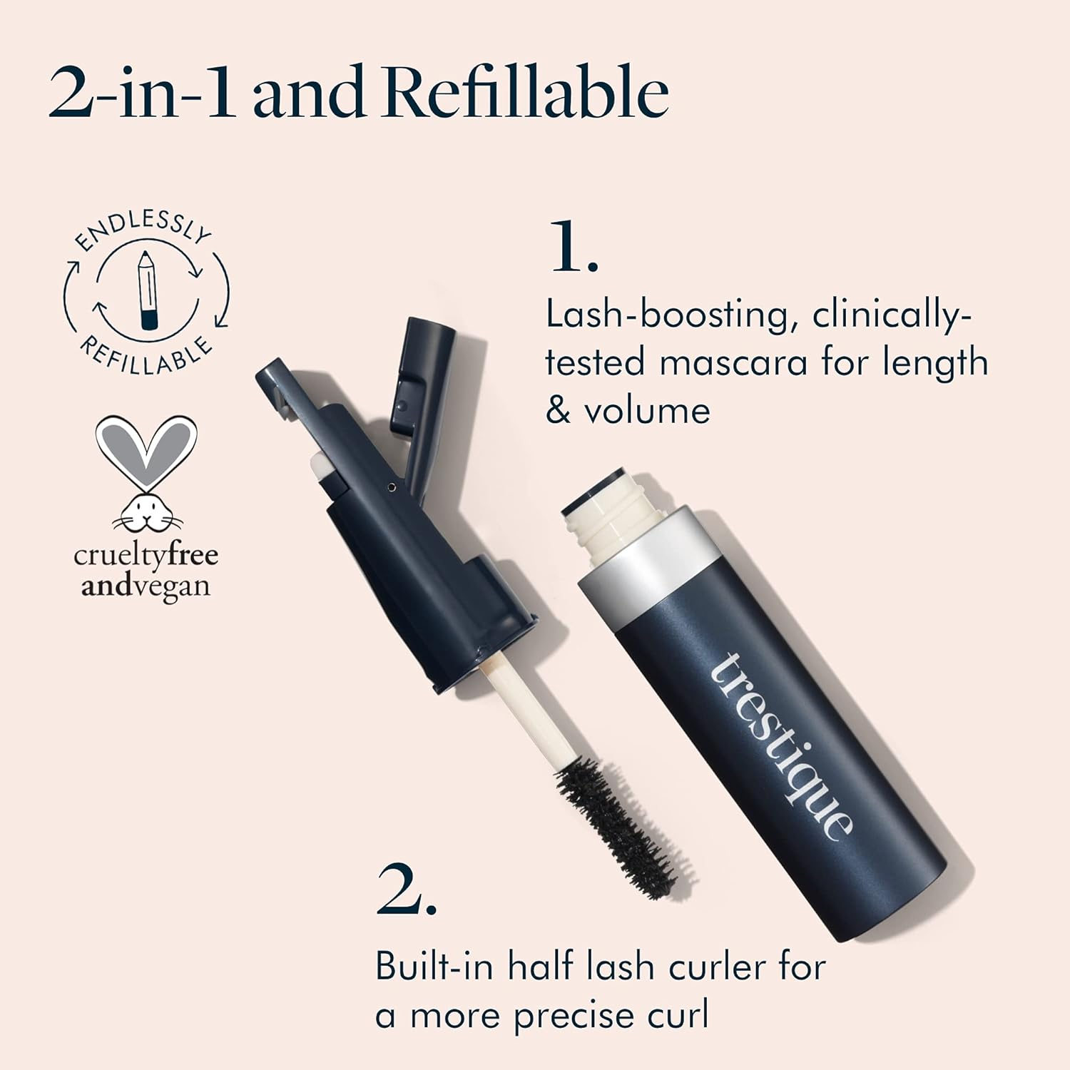TRE'STIQUE Good Vibes Mascara, Refillable, Built-In Lash Curler, Black, Lengthens & Volumizes, Clean Beauty image number 2