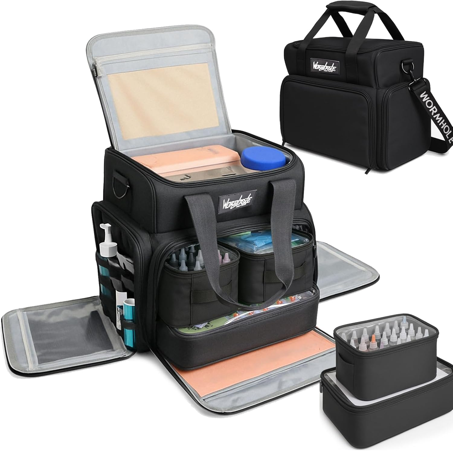 Wormhole Tattoo Case Tattoo Backpack with 3 Inner Removable Pouches 2 Layers Travel Bag for Tattoo Stencil Printer Tattoo Supplies Black 14.6" L X 9.5" W X 14.2" H