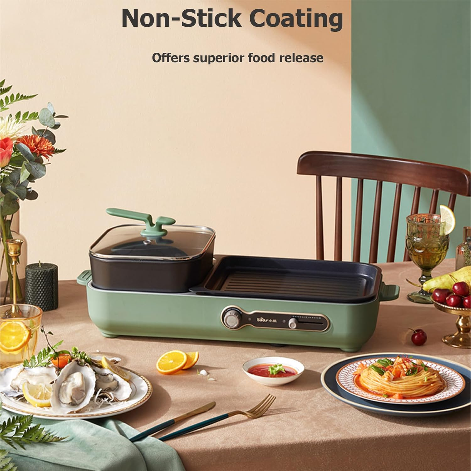 Electric Grill with Hot Pot, 2 in 1 Indoor Non-Stick Electric Hot Pot and Grill Cooker for Korean BBQ, Steaks, Shabu Shabu and Noodles, Independent Dual Temperature Control, Fast Heating, Green image number 5