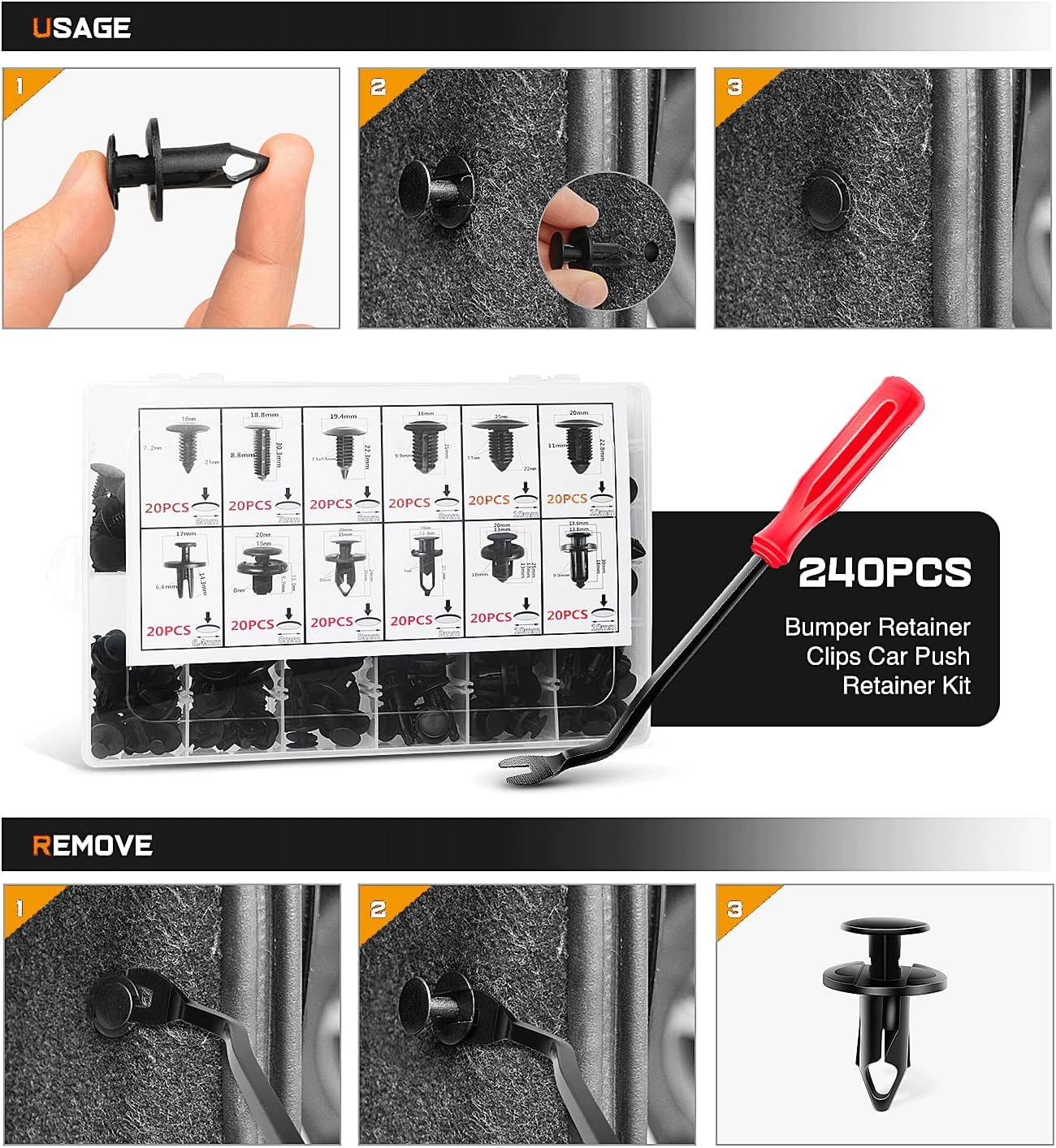 GOOACC - GRC-33 240PCS Bumper Retainer Clips Car Plastic Rivets Fasteners Push Retainer Kit Most Popular Sizes Auto Push Pin Rivets Set -Door Trim Panel Fender Clips for GM Ford Toyota Honda Chrysler image number 5