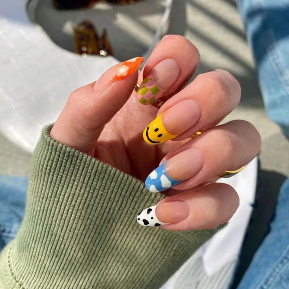 24PCS Cute Press on Nails Rainbow Coffin Fake Nails Full Cover False Nails Colorful Ballerina Nails Tips Acrylic Manicure with Glue for Women and Girls