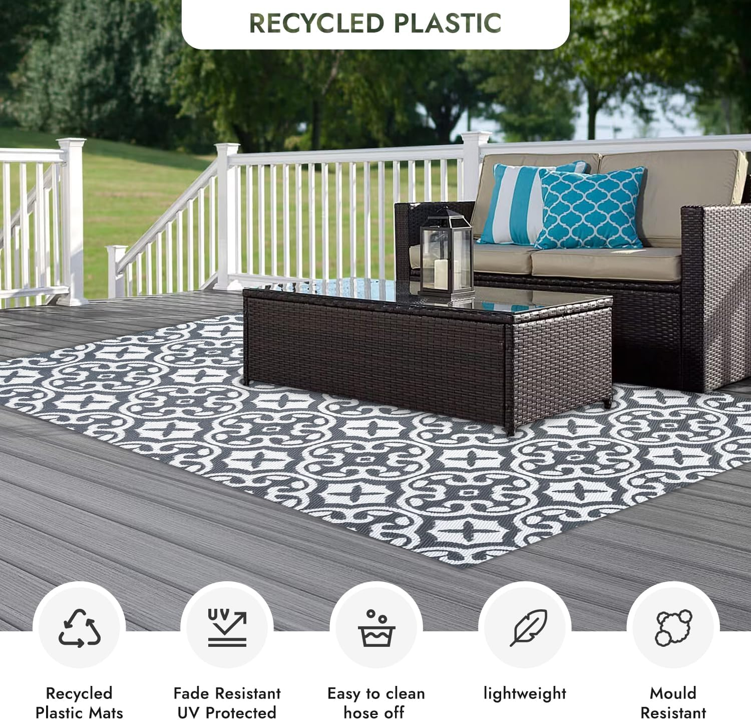 XCELERATOR Large Outdoor Rug for Patio, Reversible Portable Camping Rug, Weather Proof Plastic Straw Rug for RV Deck Camper Balcony, Lisboa Grey and White, 200X270Cm image number 6