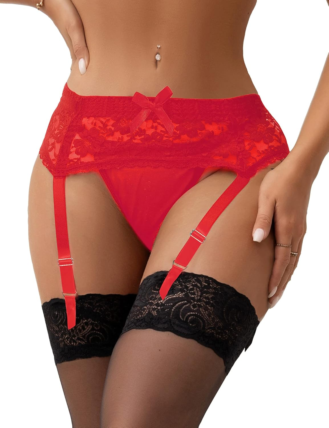 Lace plus Size Garter Belt for Women Floral Black Sexy Lingerie Suspenders Panties with 4 Metal Clips for Stocking