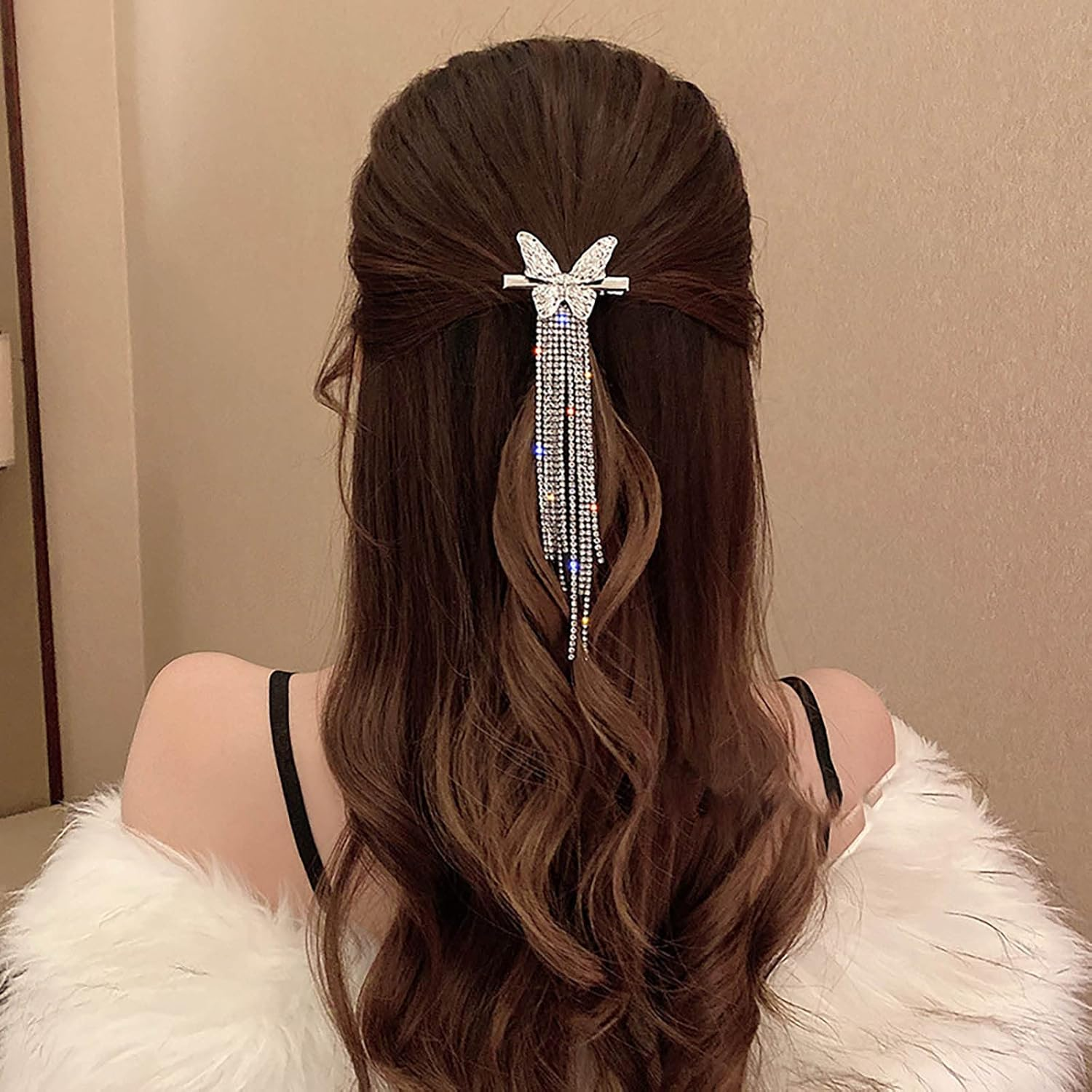 Tseenyi Butterfly Rhinestone Tassel Hair Clip Silver Butterfly Barrette Crystal Long Tassel Hair Pin Clip Sparkling CZ Wedding Barrettes Bridal Decorating Hair Accessories for Women and Girls image number 5