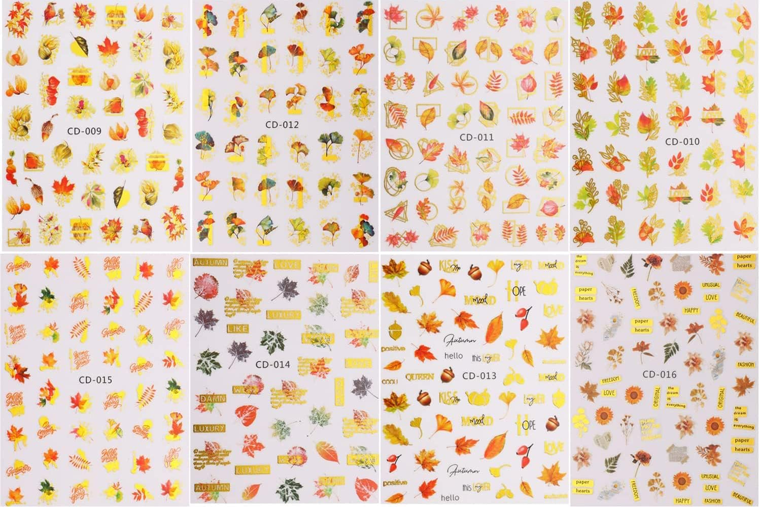 8 Sheets Nail Stickers Autumn Leaves Nail Stickers Self-Adhesive Gold Leaves Nail Tattoos Nail Design DIY Thanksgiving Nail Decoration for Women Girls image number 3