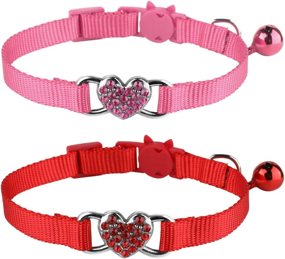 Mtliepte 2 Pcs Cat Collars Heart Bling Breakaway with Bell Nylon Adjustable for Kitty (Pink+Purple)