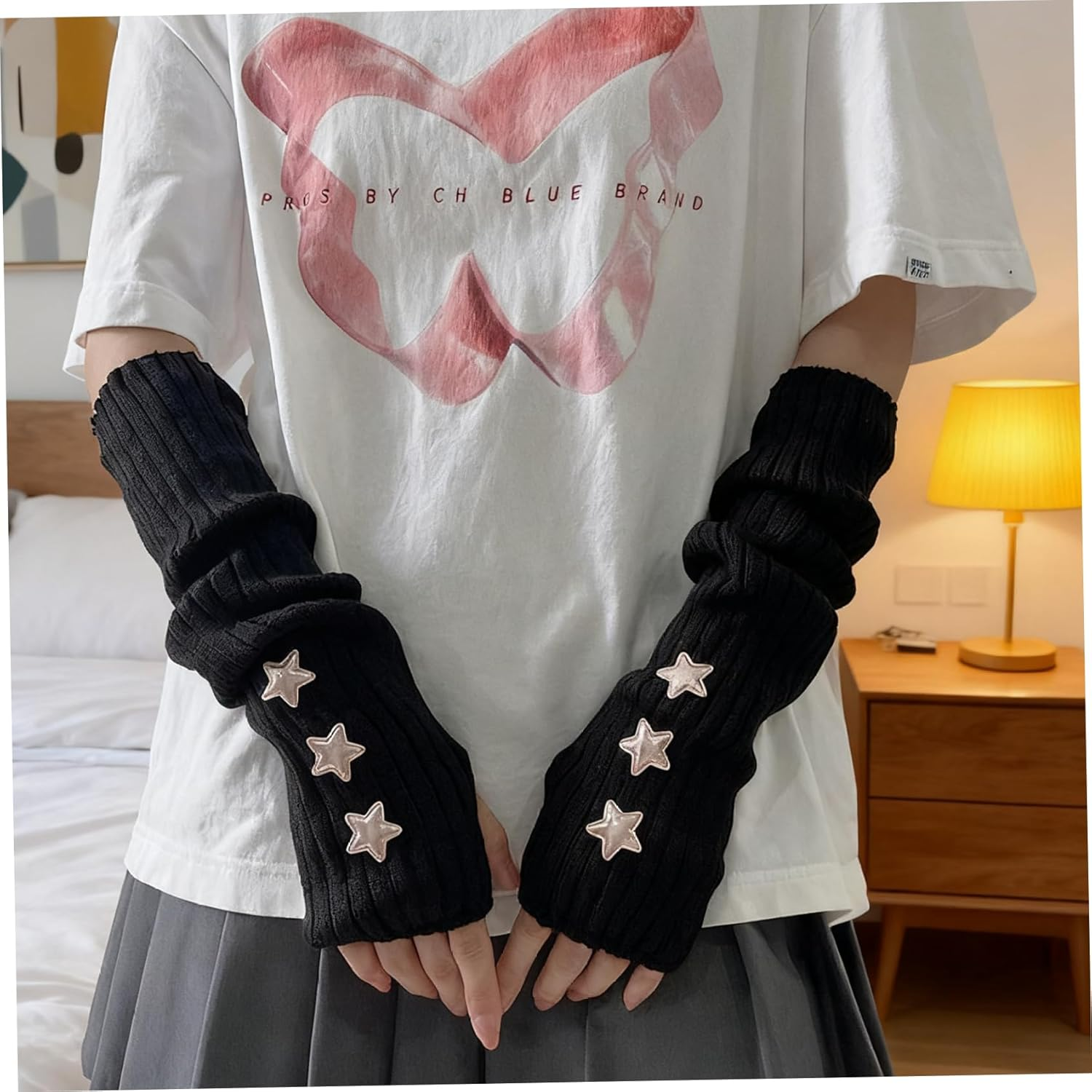 Arm Warmers Y2K Knit Black Arm Warmers with Star Embellishments Kawaii Clothes Cool Girls Gothic Grunge Accessories One Size image number 5
