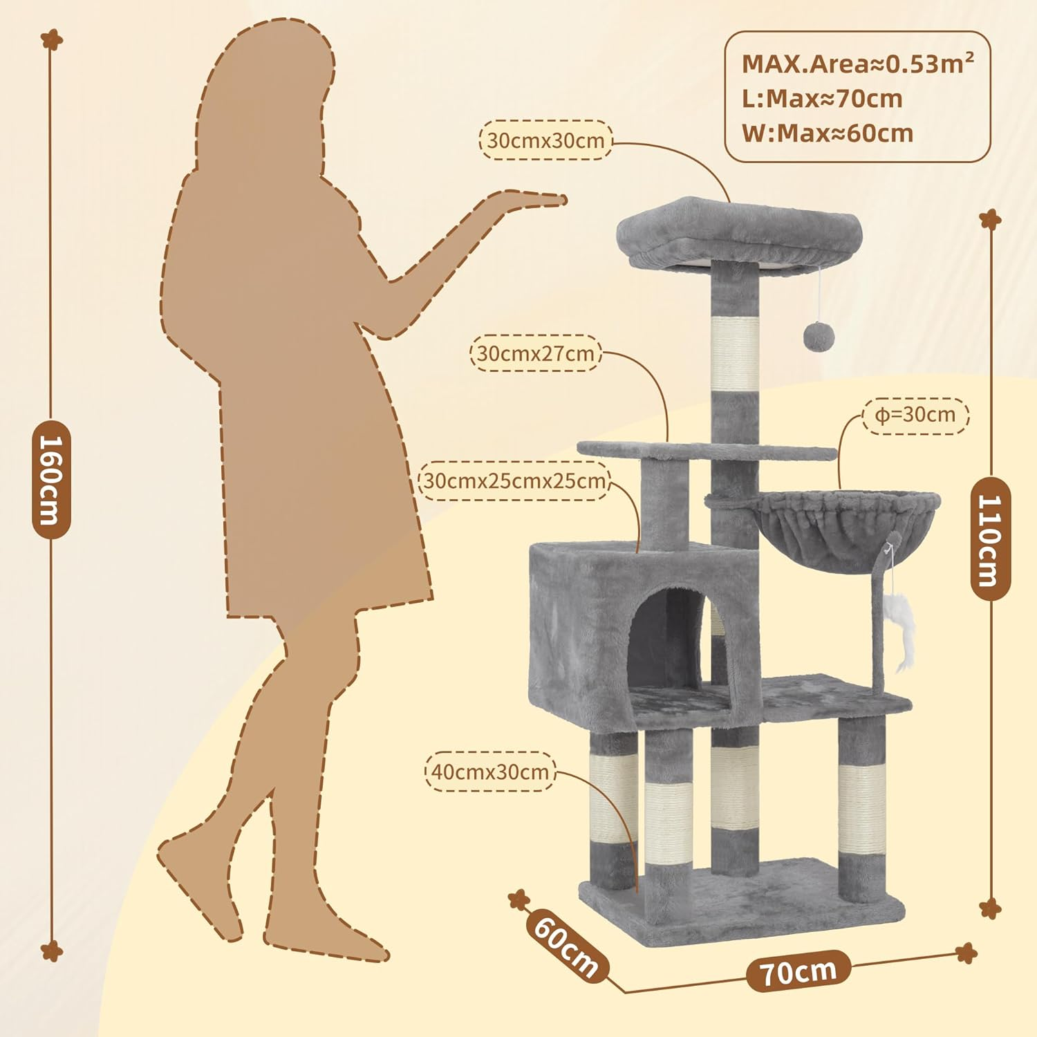 Heybly 110Cm Cat Tree with Toy, Cat Tower for Indoor Cats, Cat Play Tower with Padded Plush Perch, Cozy Hammock and Sisal Scratching Posts, Multi-Level House for Kittens, Light Gray HCT004SW image number 5