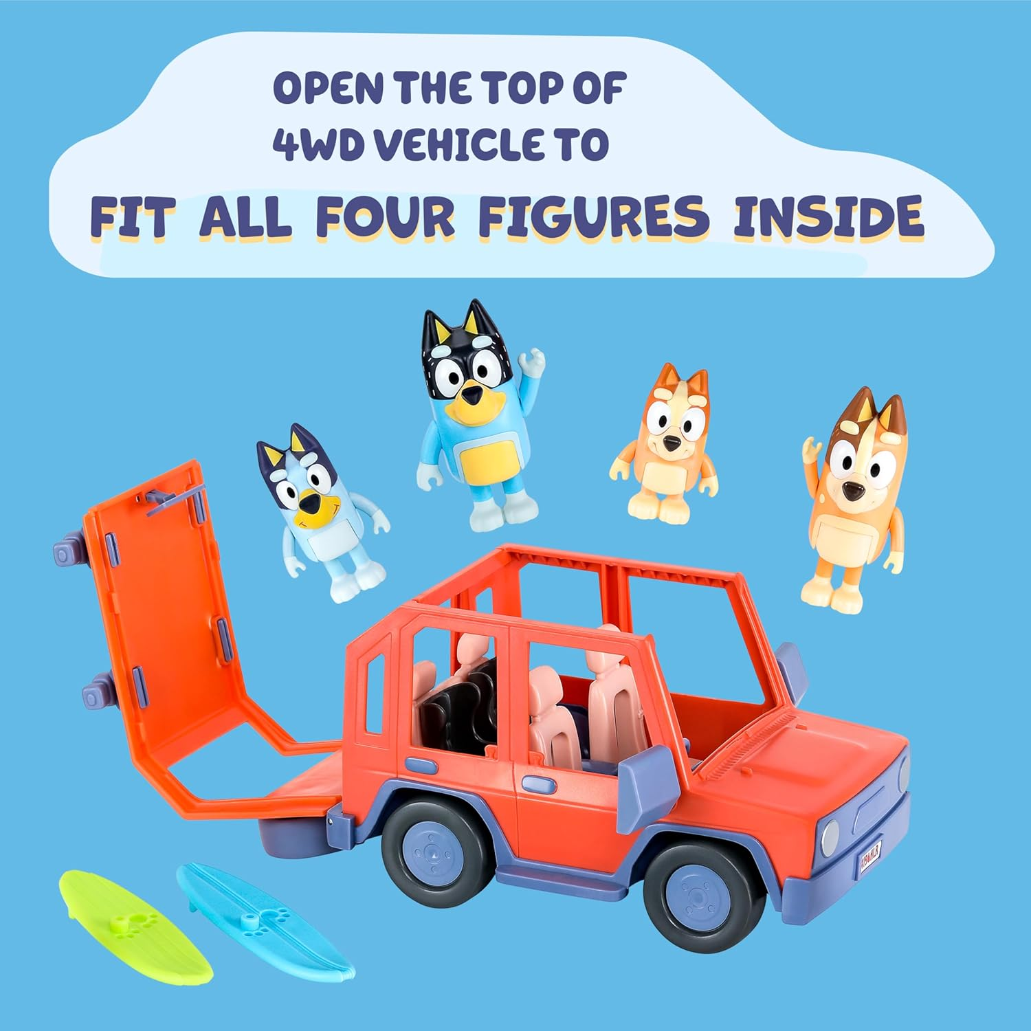 Bluey Heeler Family 4WD Vehicle and 4 Figure Pack, 6.3-7.6Cm Figures, 2 Surfboards Accessories and Stickers. image number 4