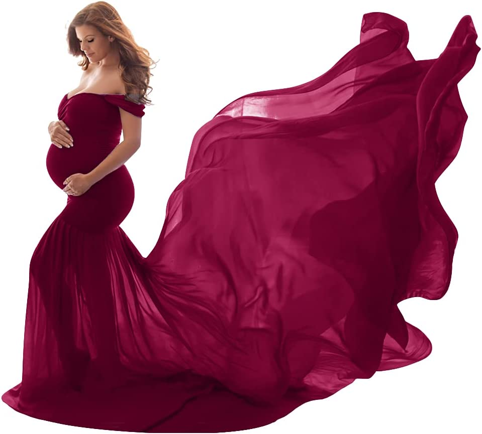 IWEMEK Women Maternity Dress for Photography Mermaid off Shoulder Slim Fitted Chiffon Gown Flowy Baby Shower Maxi Photo Props Dress