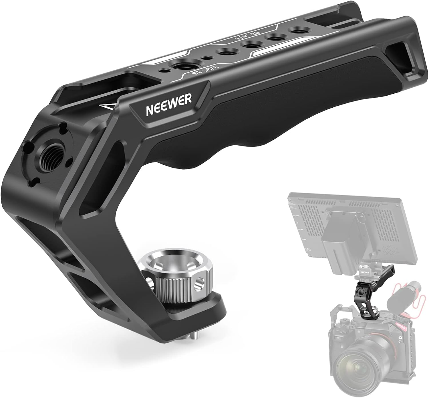 NEEWER Camera Top Handle with 3/8" ARRI Locating Pins, Comfort Silicone Grip with 1/4" 3/8" Threads and 3 Cold Shoes, Compatible with Smallrig Handles Camera Cages Video Rigs, CA007 image number 4