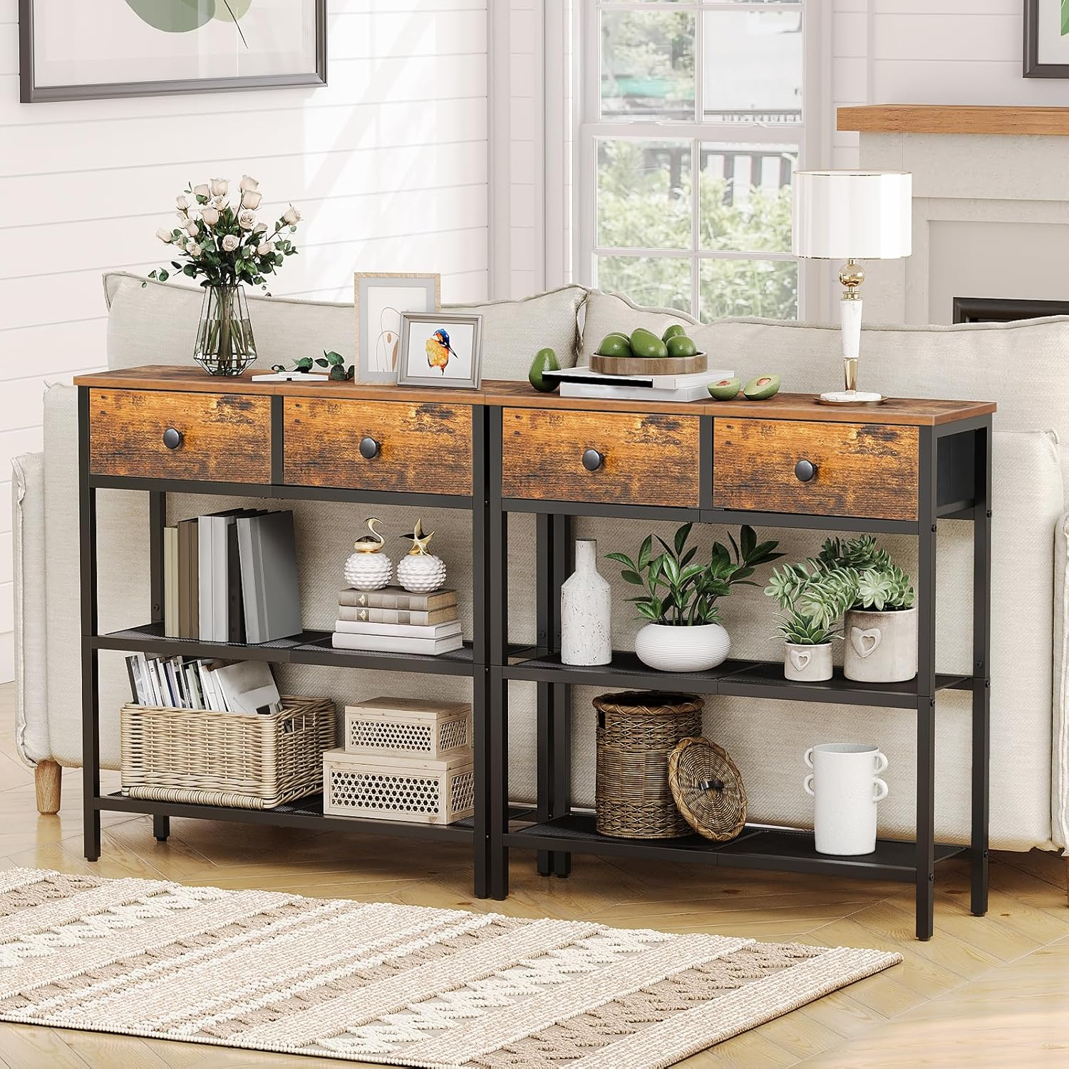 HOOBRO 75 Cm Narrow Console Table with 2 Fabric Drawers, Small Entryway Table with 3-Tier Storage Hallway Shelves, Thin Sofa Table, Side Table, for Living Room, Rustic Brown and Black BF72XG01 image number 6
