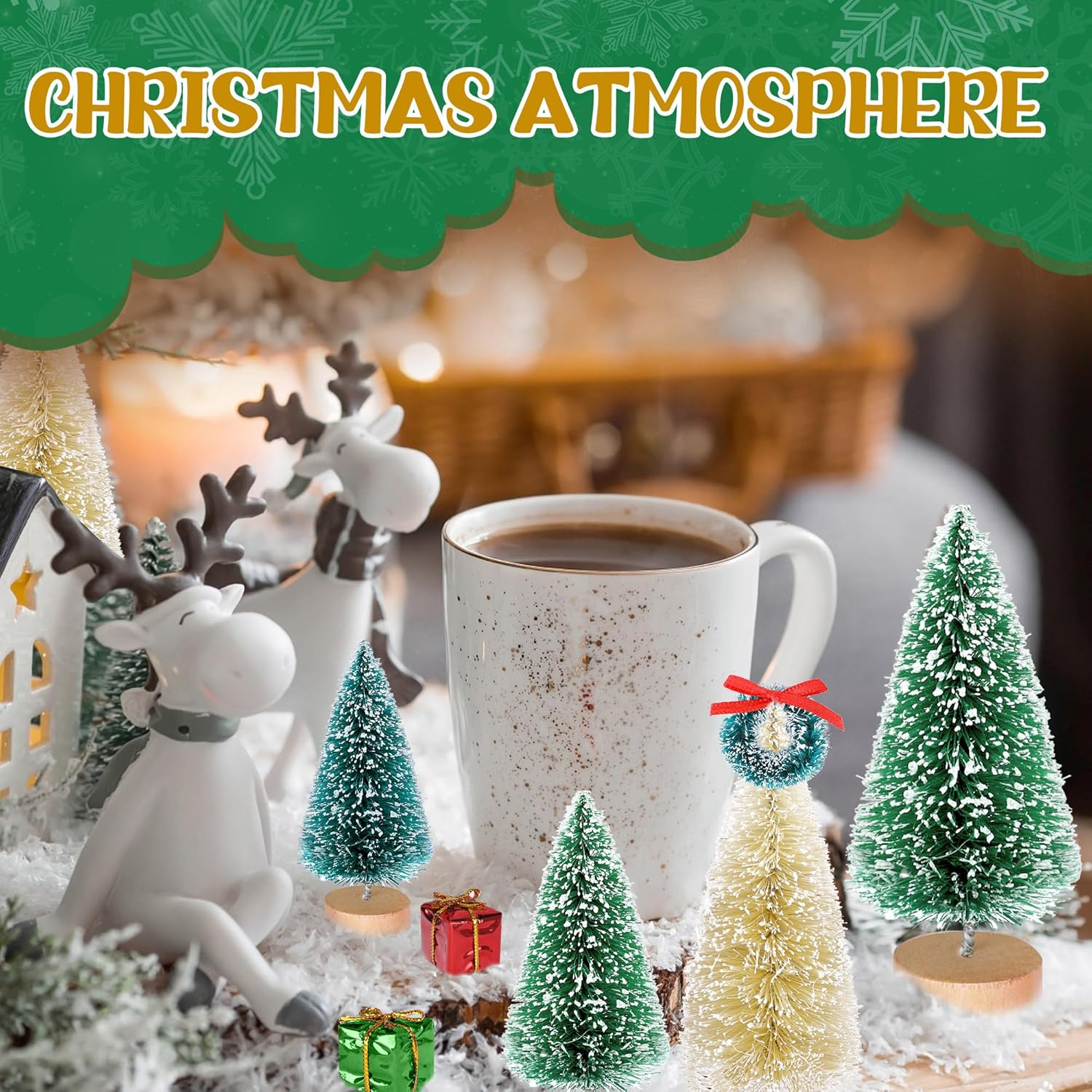 Iceyyyy 56 Pcs Artificial Mini Christmas Trees Set - Miniature Sisal Frosted Christmas Trees Bottle Brush Trees for DIY Crafts Home Table Top Decor - Green,Red,White image number 5