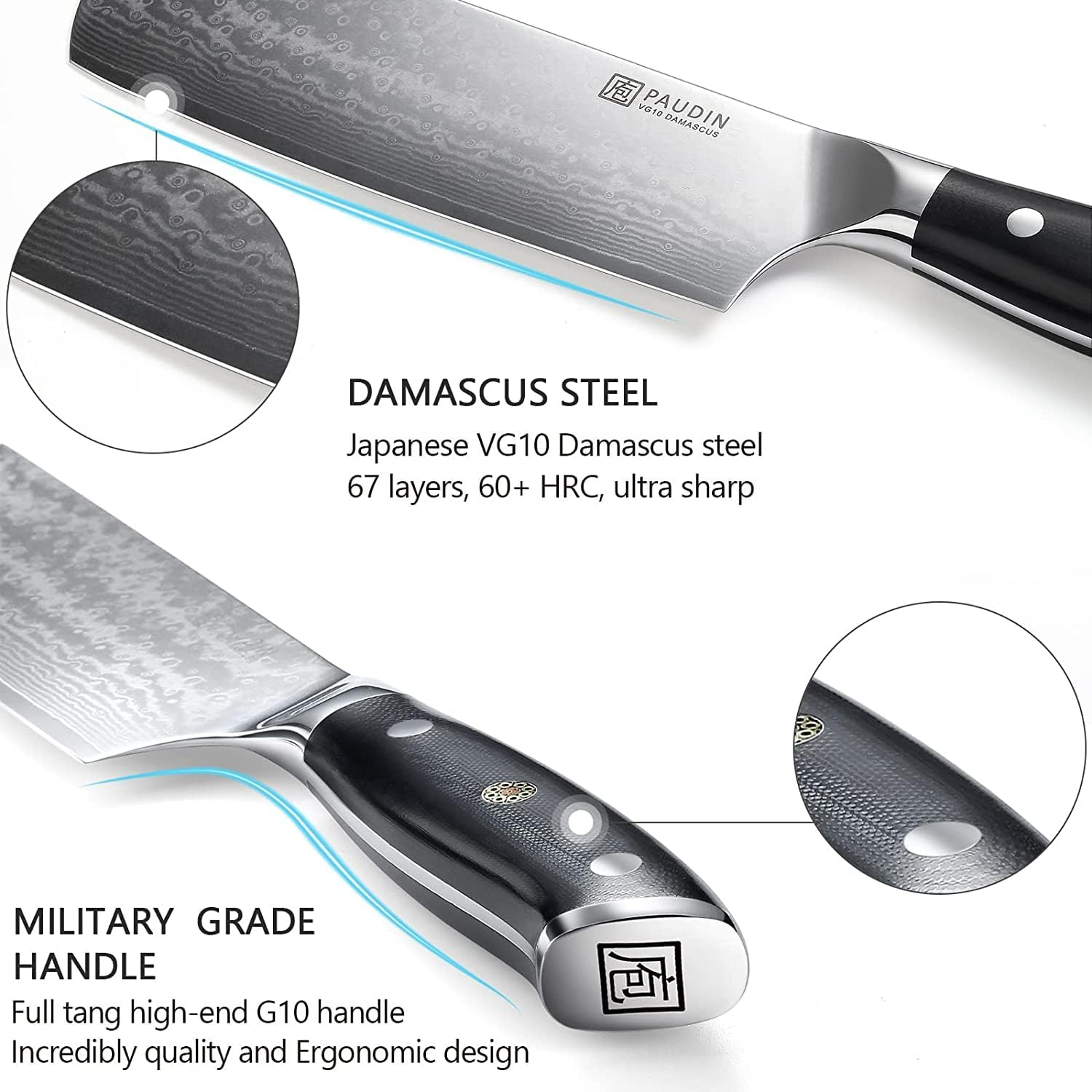 PAUDIN Nakiri Knife 7'', Damascus Chef Knife, Japanese VG-10 Stainless Steel, Kitchen Knife with G10 Full Tang Handle, Razor Sharp 67-Layer Forged Blade image number 2