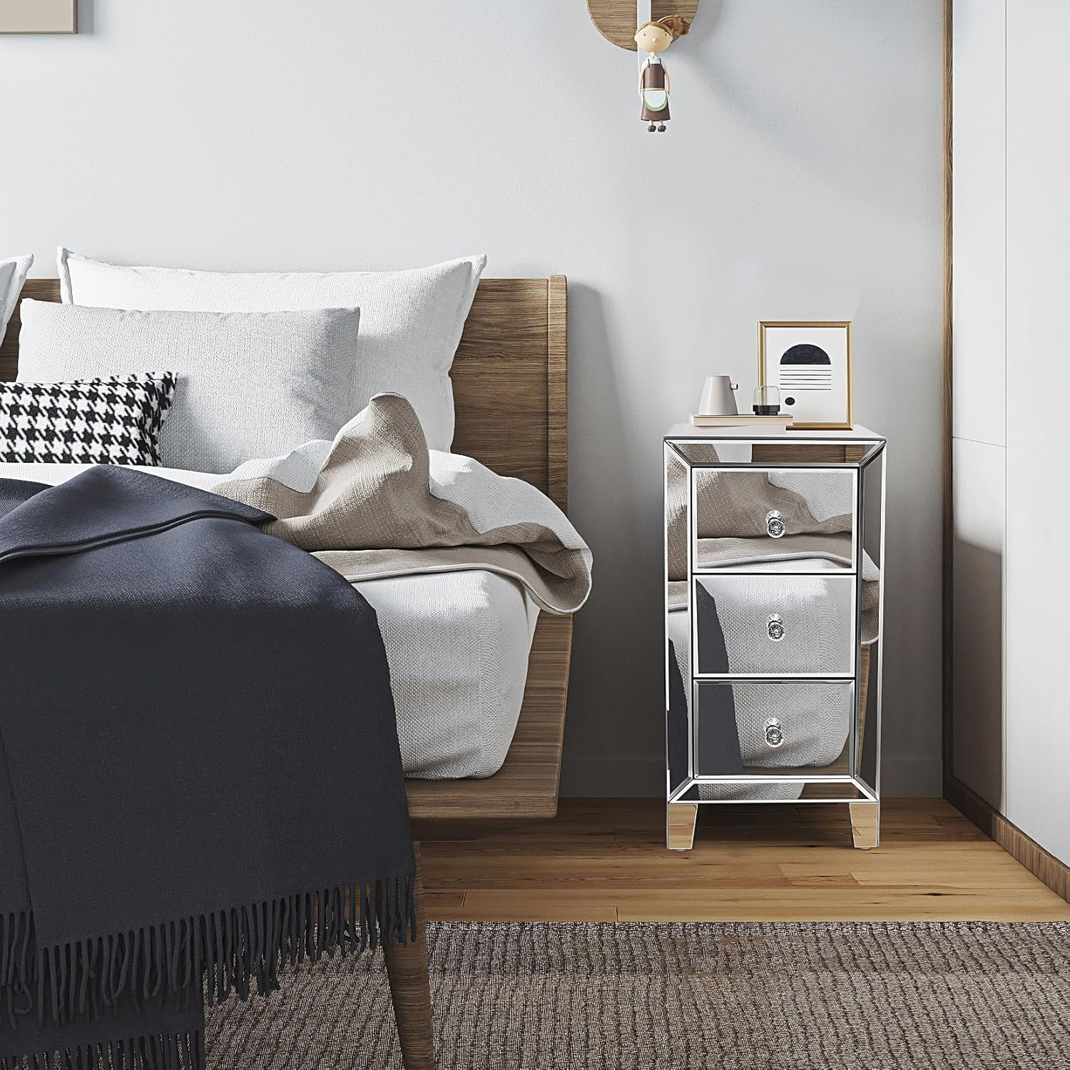 Design Glass Side Table Mirrored Nightstand with 3 Drawer End Table Mirror Accent Silver Table Mirrored Dresser,Nightstand Sets for Bedroom Mini Cabinet Bedside Tables Glass Tables Mirrored Furniture image number 4