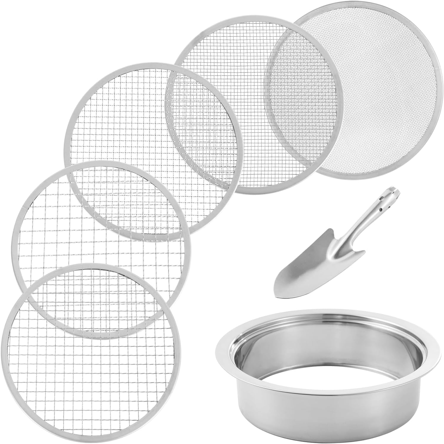 Soil Sifter Stainless Steel Riddle Sieve Set for Gardening with 5 Sizes 8" Diameter 1/3/6/9/12Mm Interchangeable Meshes - Garden Potting Sieves with Shovel - Planting Soil Sifters Strains image number 3