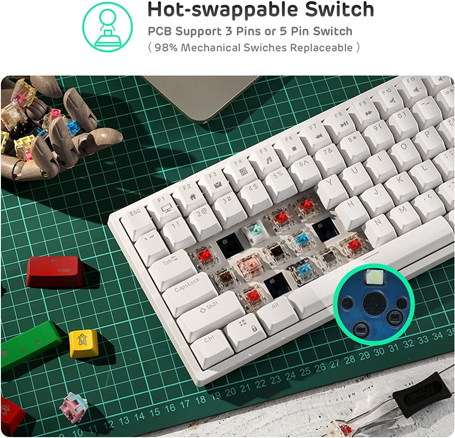RK ROYAL KLUDGE RK84 Wireless Bluetooth/2.4Ghz 75% RGB Mechanical Gaming Keyboard, Three Modes Connectable Keyboard with Hot-Swappable Quiet Red Switch White image number 3