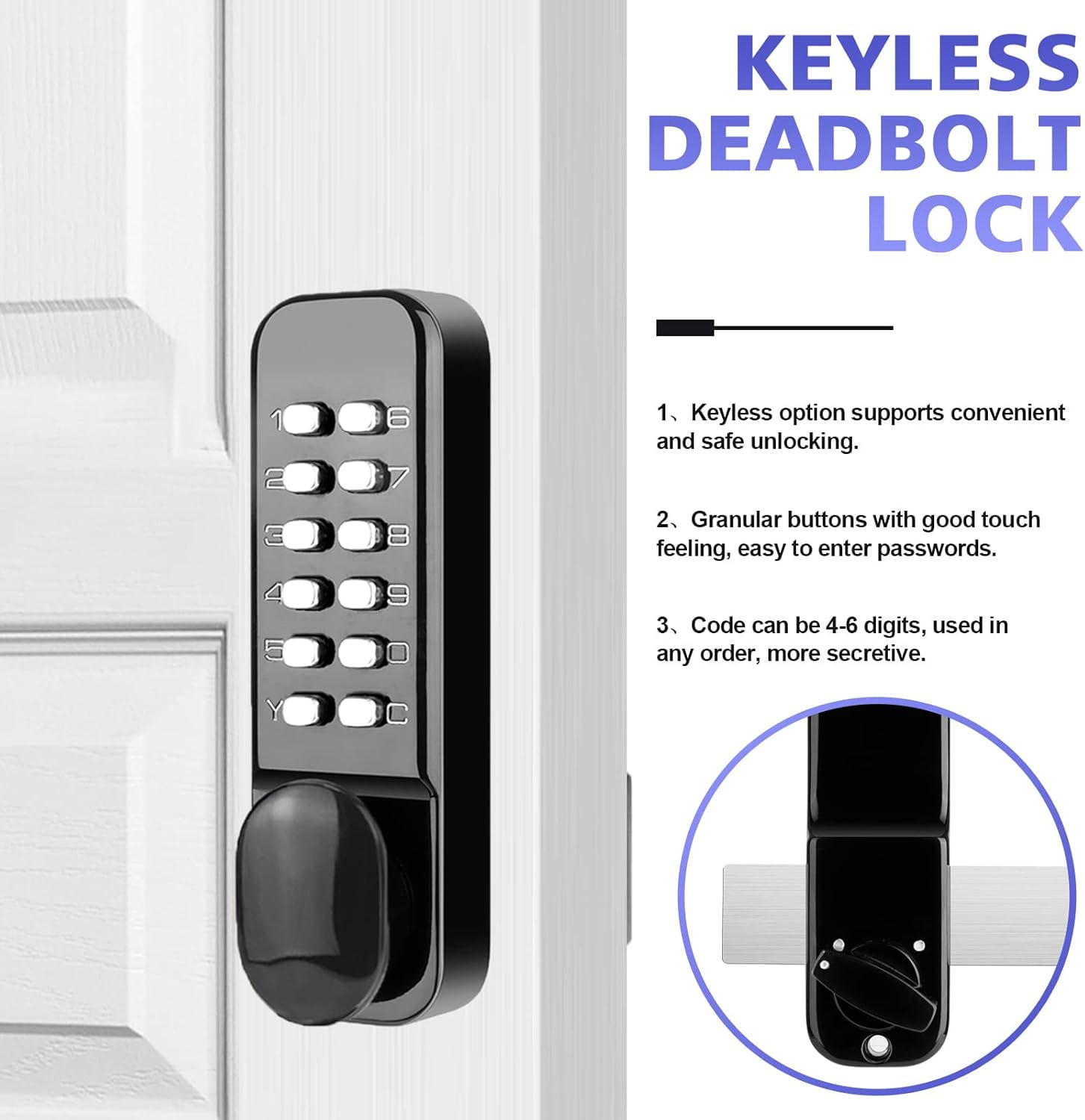 Stainless Steel 100% Mechanical Door Locks with Keypads Door Knob, Waterproof Keyless Entry Door Keypad Deadbolt Lock with Handle, Digital Combination Front Door Lock Set, 2 in 1 Code/Key image number 4