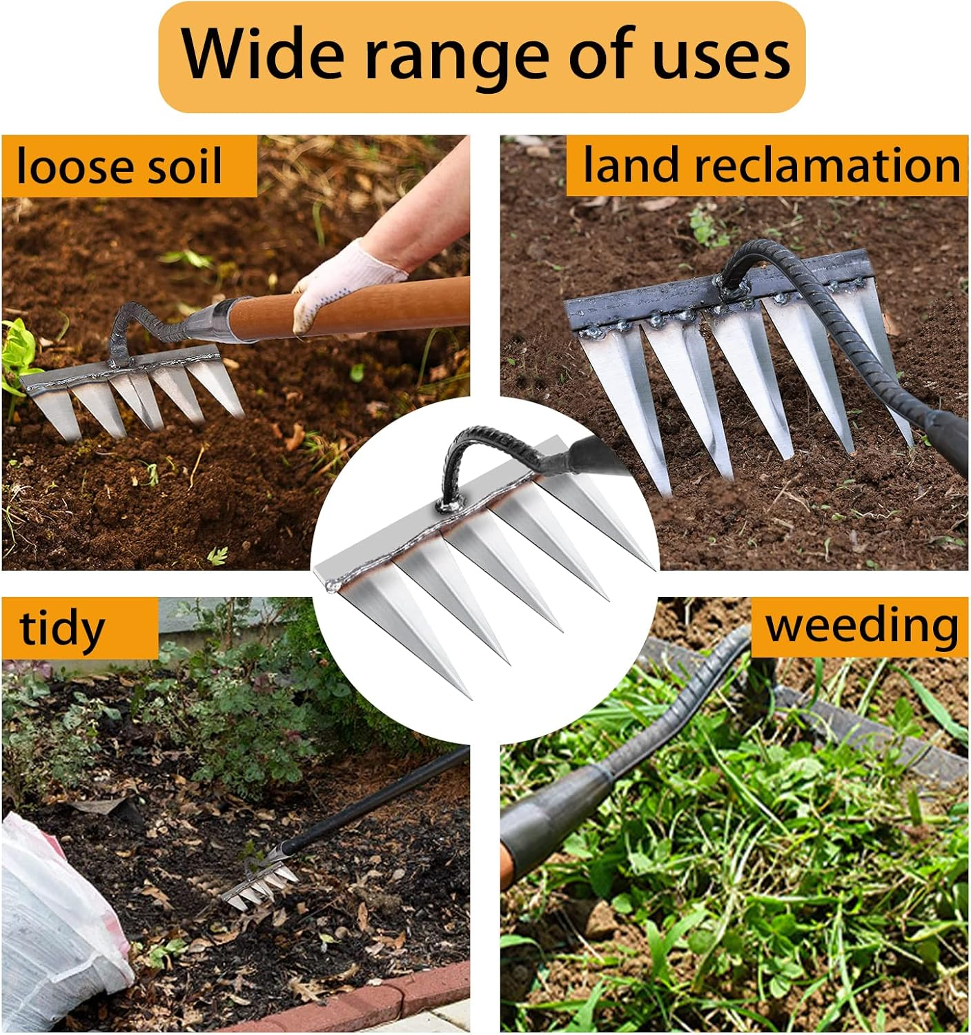 Iron Rake for Gardening and Weeding - Heavy Duty Garden Tool, Carbon Steel Hand Rake for Sturdy Dethatching, 5 Toothed Steel (Without Stick) - 6 Toothed Steel image number 4