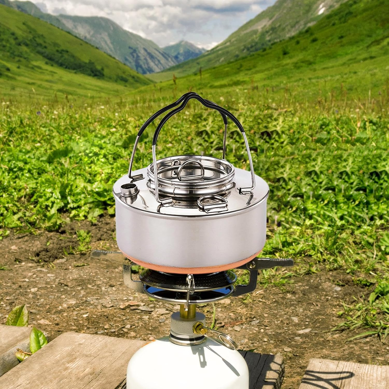 Camping Kettle Water Kettle Outdoor Campfire Coffee Tea Pot Teapot Camping Tea Kettle for Camp Barbecue Yard Picnics Hiking, 0.9L image number 1