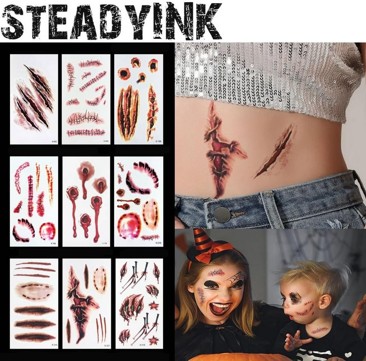 9 Sheets Halloween Tattoos Kids Temporary - Halloween Stickers Waterproof - Cuts, Stitches, Scars, Wounds - Halloween Sticker Pack for Adults Kids - 10.5X6Cm - Steadyink&reg; image number 1
