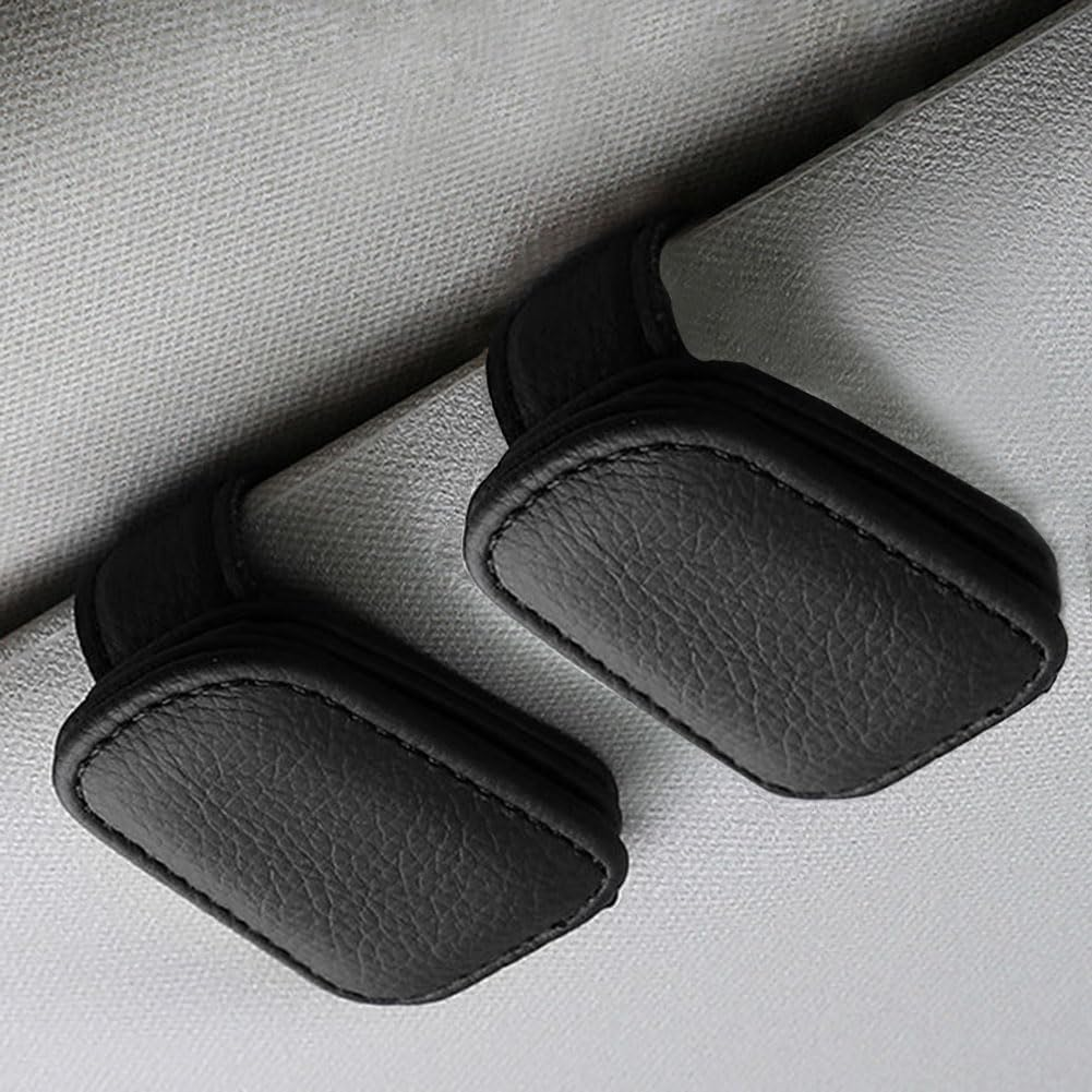 Reelau 2 Pack Sunglasses Holders for Car Sun Visor, Magnetic Leather Glasses Eyeglass Hanger Clip for Car, Ticket Card Clip, Car Visor Accessories (Black) image number 1