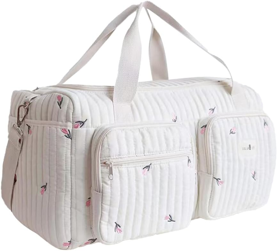 Floral Quilted Duffle Bag for Women Cotton Coquette Bag Large Floral Travel Duffle Weekend Bag with Adjustable Carry Strap
