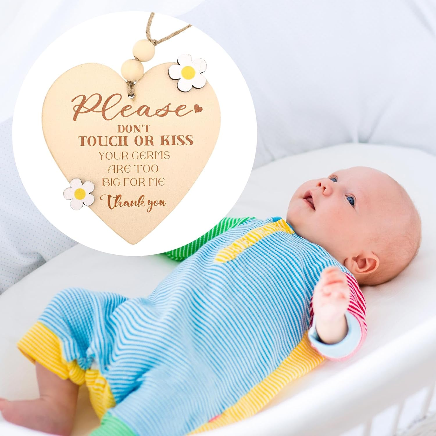 Please Do Not Touch or Kiss Baby Sign, Wooden No Touching Baby Signage for Newborns Car Seat & Stroller Tag Ideal for Baby Shower(Heart) image number 2
