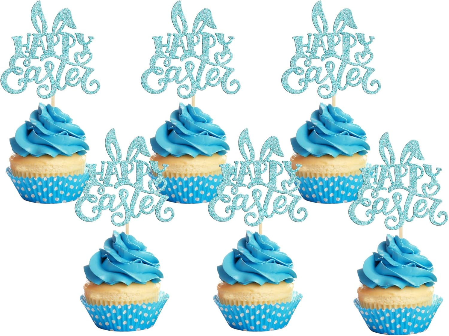 24Pcs Happy Easter Cupcake Toppers Glitter Cute Bunny Cake Decorations Bunny Rabbit Cupcake Picks for Easter Spring Theme Babyshower Kids Birthday Party Supplies