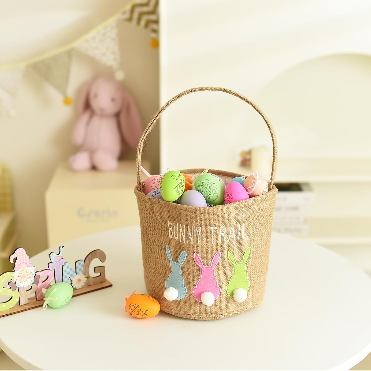 Inough Easter Basket Egg Buckets Jute for Kids Rabbit Baskets with Cute Ears, Easter Baskets Stuffers for Babies Bunny Trail Bags Easter Totes for Party image number 6