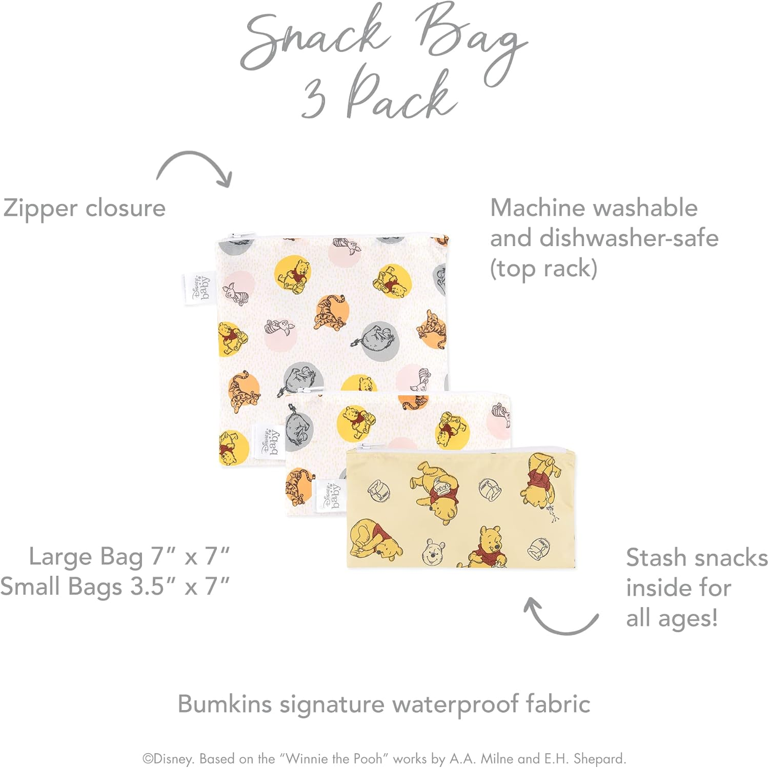 Bumkins Sandwich Bags/Snack Bags, Reusable Fabric, Washable, Food Safe, BPA Free - Disney Pooh Bear and Friends (3-Pack) (SB3-DWP20)