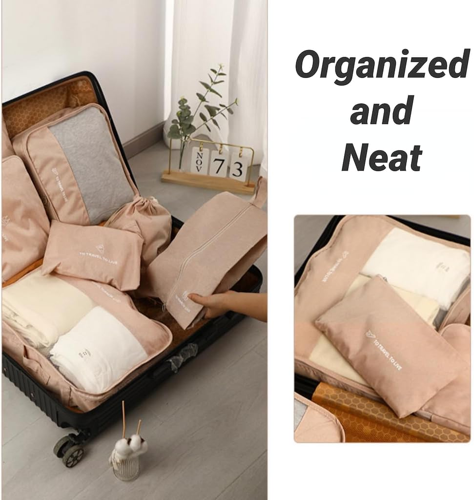 OEIPSMK 7 Set Packing Cubes for Suitcases, Lightweight Travel Bags Organizers for Carry On, Luggage Packing Organizer Bags for Travel Essentials Travel Accessories (Beige), Navy image number 2