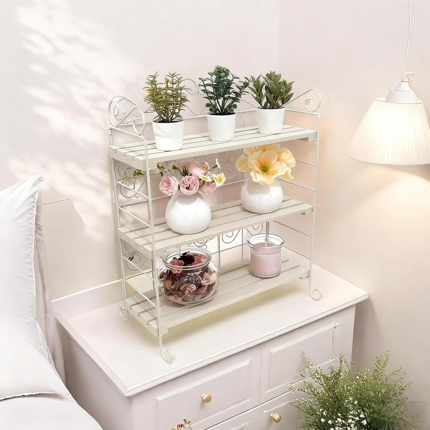 Celsaovo Decorative Plant Shelves & Countertop Storage Rack &ndash; White Metal & Wood, Space-Saving Freestanding Rack, Easy Tool-Free Setup for Kitchen, Plants & Spices - White image number 5