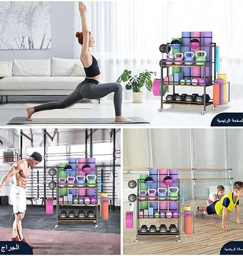 NOAEOU 40D X 70W X 93H Cm Strength Training Dumbbell Storage Racks for Home Gym, Large Capacity Organizer with Hooks and Wheels, for Exercise & Fitness Equipment image number 4