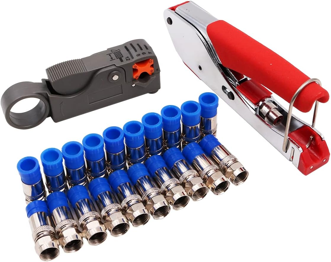 ZONADA Compression Crimper Stripper Set F-Type Hand Crimping Tool Rotary Coaxial Cable Crimping Stripping Cutting Pliers RG59 RG6 TV AV Cables Crimp Cutter with 20 Connectors image number 5