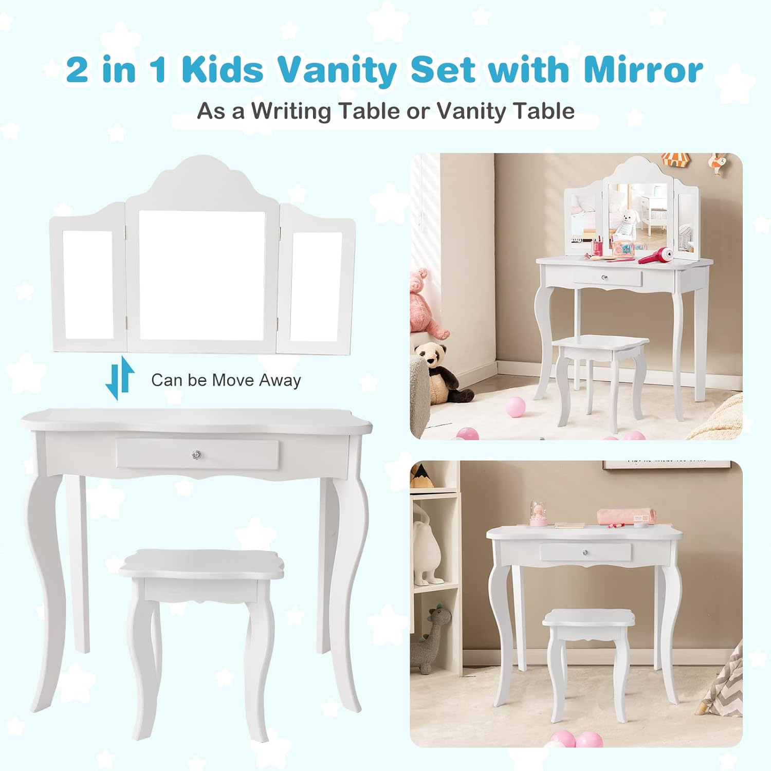 Costway Kids Vanity Table & Stool Set, Toddler Princess Dresser Table W/Tri-Folding Mirror & Large Drawer, 2-In-1 Detachable Mirror Top Design, Smooth Surface, Versatile Use, Easy Assembly image number 3
