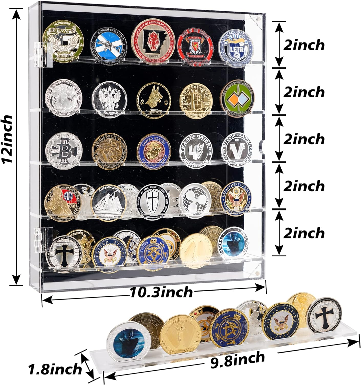 Military Challenge Coin Display Case Lockable Cabinet Rack Holder Shadow Box with Removable 2 Grooves Shelves and anti Fade Acrylic Glass Door for Casino Poker Chips Collectibles Black