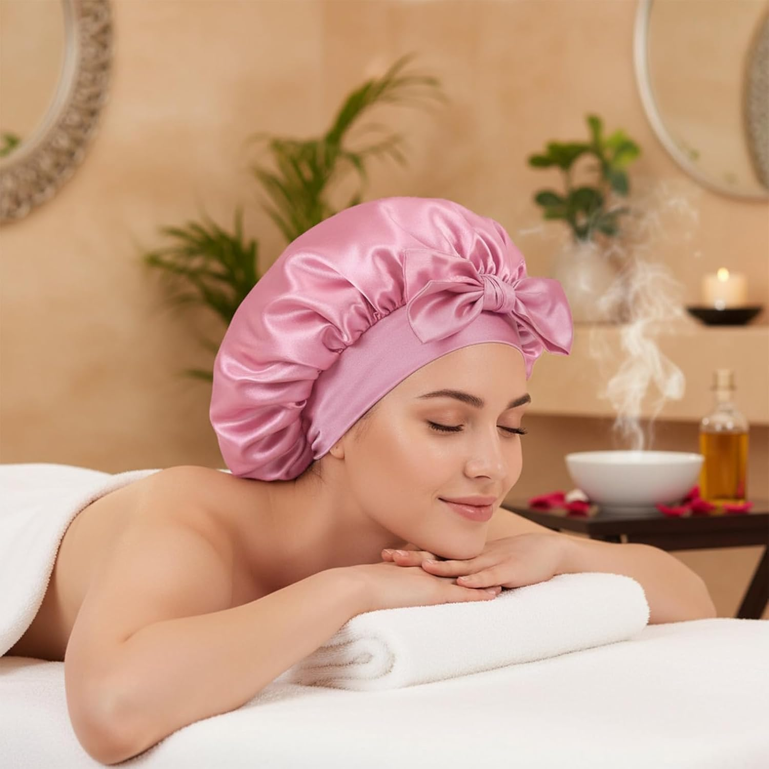 Sdhgerh Set of 2 Satin Sleep Caps, 2 Satin Hair Bands, Adjustable Silk Cap, Breathable Night Sleeping Cap for Women and Girls (Black, Pink)